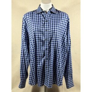 Robert Graham Dress Shirt Mens XL Blue Check Flip Cuff Floral Trim Luxury